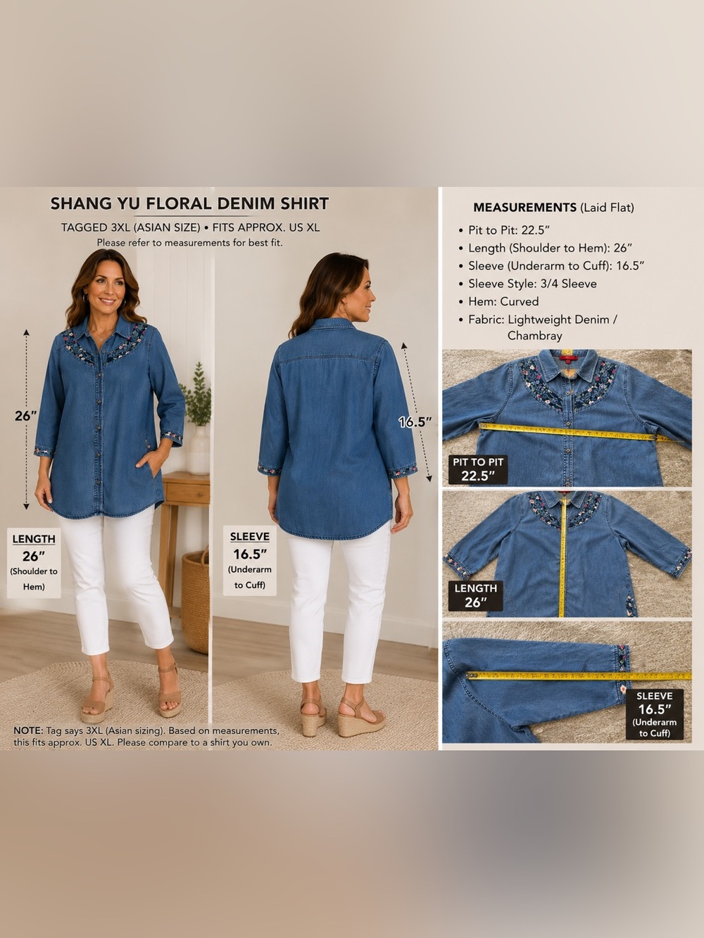 Floral Denim Shirt Jacket - Blue with Embroidered Trim